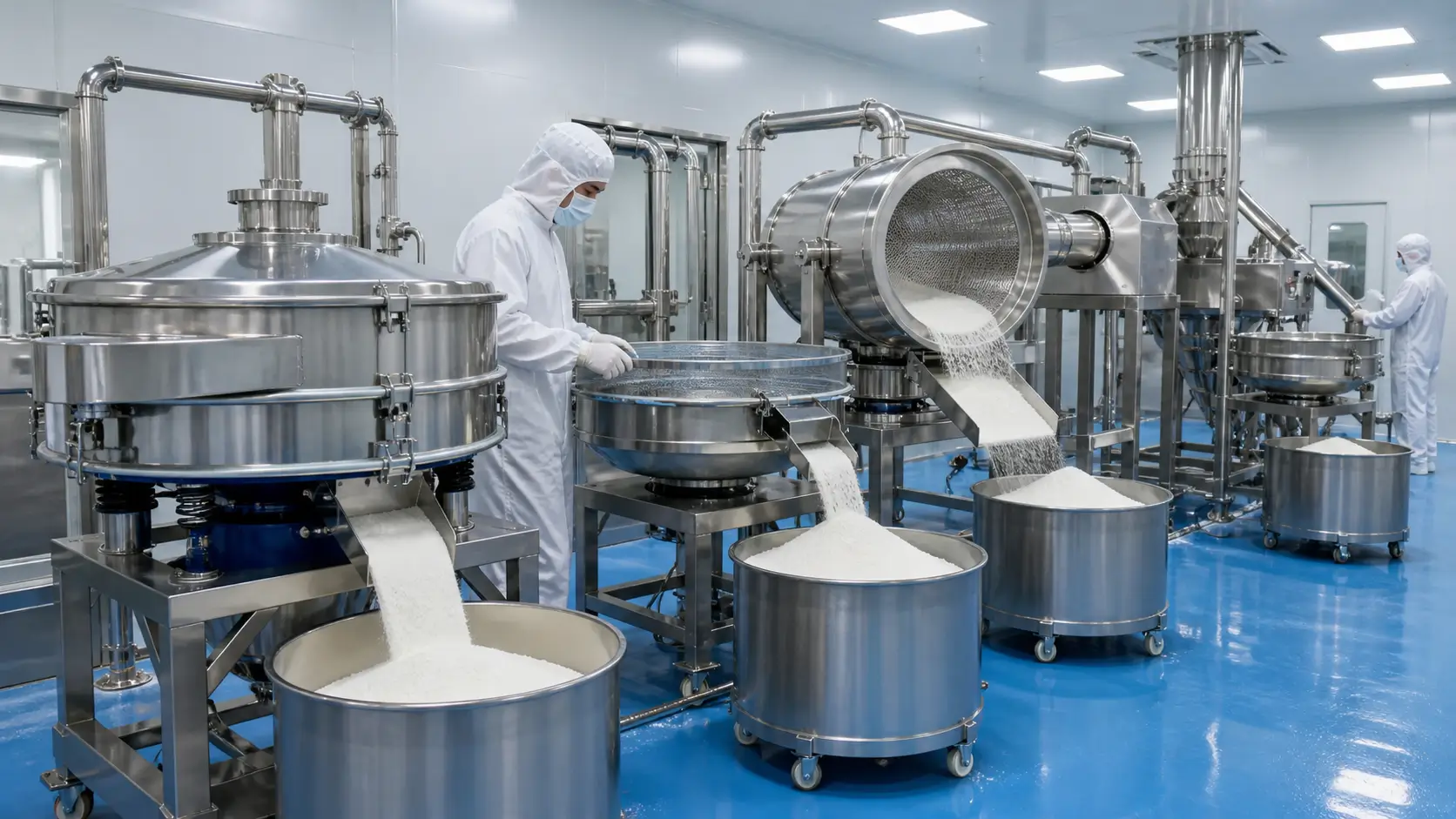 Vibrating sieve for glandular powder particle size control