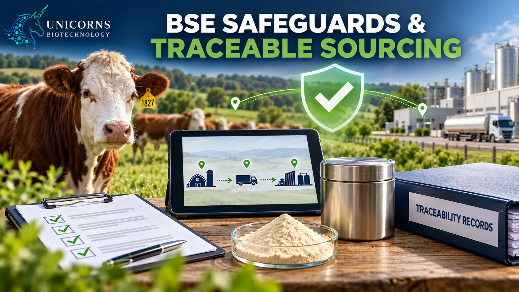 BSE safeguards for bovine glandular ingredients, showing cattle identification, source traceability, production records and bulk powder handling.