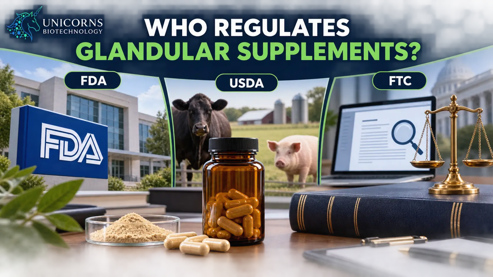FDA, USDA and FTC roles in regulating glandular supplements, animal sourcing, product labeling and advertising in the United States.